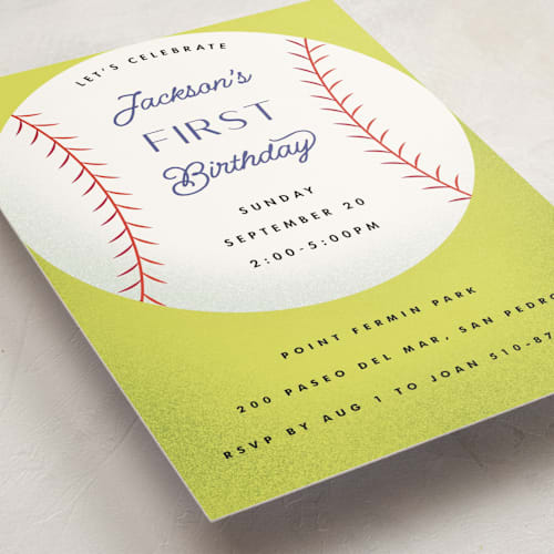 This is a grass kids birthday invitations with standard by Becky Nimoy called baseball printing on signature in postcard
