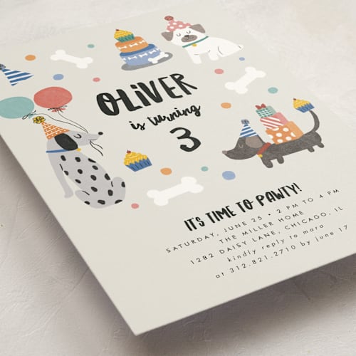 This is a classic kids birthday invitations with standard by Lehan Veenker called party puppers printing on signature in postcard