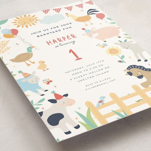 This is a barn kids birthday invitations with standard by peetie design called barnyard fun printing on signature in postcard