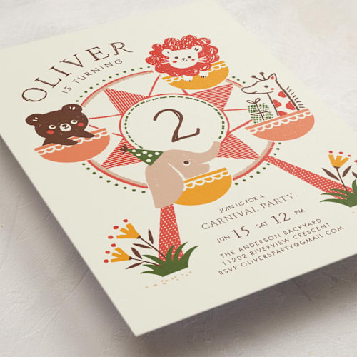 This is a apple kids birthday invitations with standard by Vivian Yiwing called little carnival printing on signature in postcard