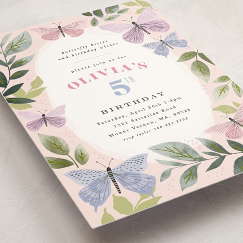 This is a petal kids birthday invitations with standard by Karidy Walker called butterfly kisses printing on signature in postcard