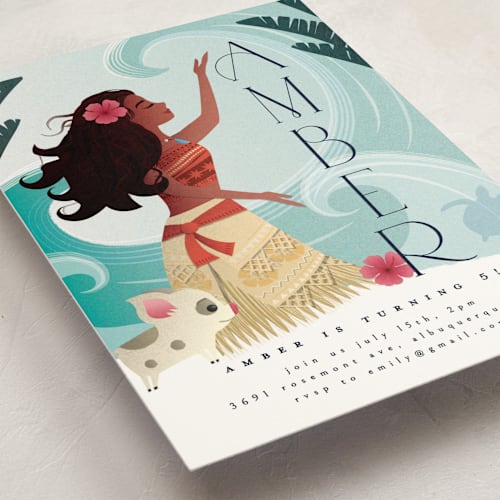 This is a ocean kids birthday invitations with standard by Ana de Sousa called disney's moana of motunui printing on signature in postcard