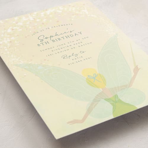 This is a pixie kids birthday invitations with standard by Heather Cairl called disney's tinkerbell fairy dust printing on signature in postcard