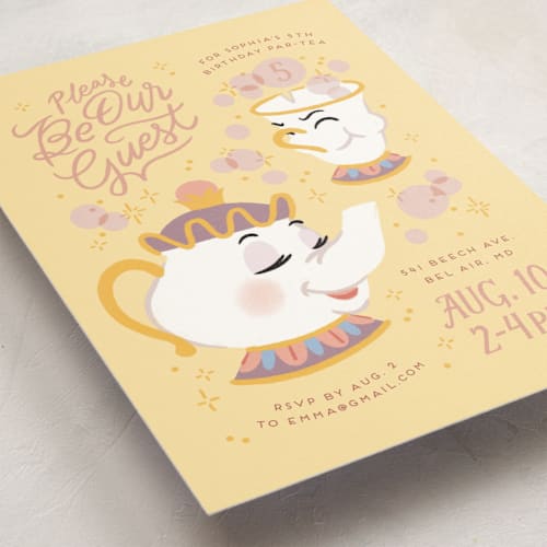 This is a lemonade kids birthday invitations with standard by Rebecca Smith called disney enchanted beauty and the beast tea party printing on signature in postcard