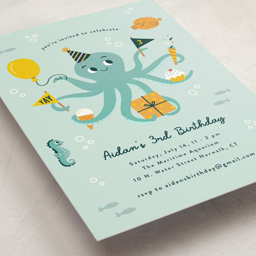 This is a sea kids birthday invitations with standard by Annie Holmquist called underwater fun printing on signature in postcard