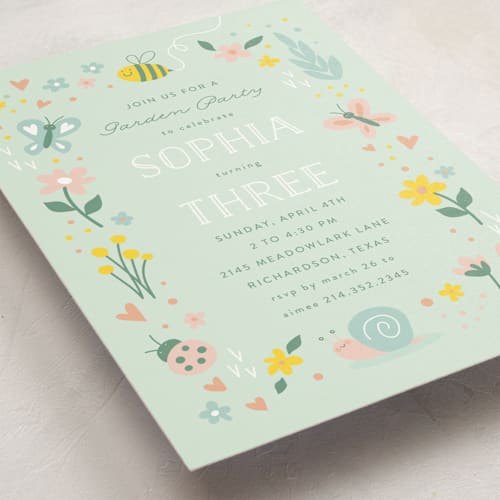 This is a sky kids birthday invitations with standard by Susan Asbill called in the garden printing on signature in postcard