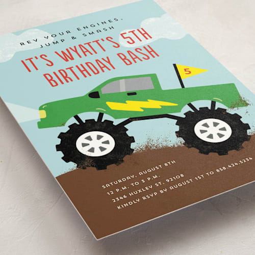 This is a lime kids birthday invitations with standard by Erica Krystek called monster truck printing on signature in postcard