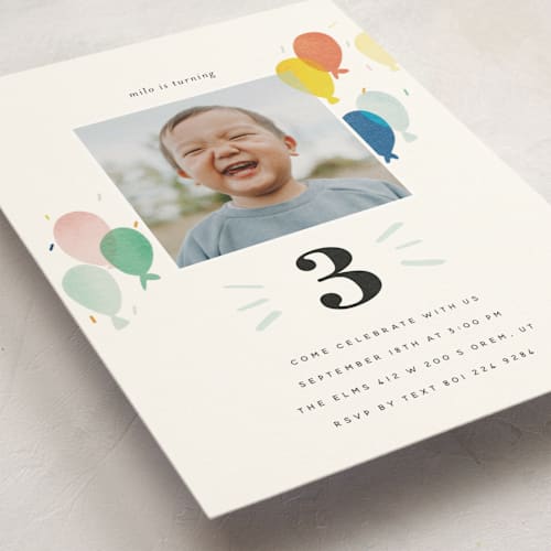 This is a sea kids birthday invitations with standard by Stephanie Hawkes called balloon overlay printing on signature in postcard