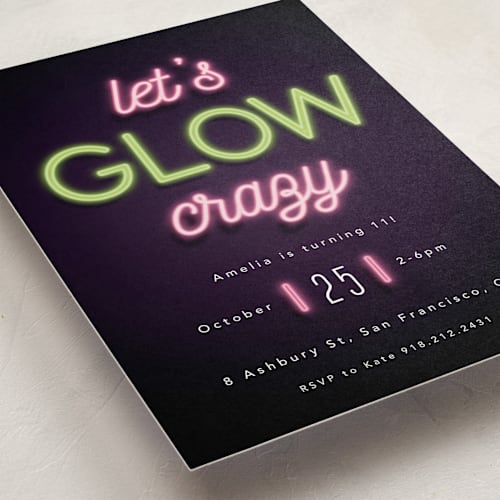 This is a lazer green kids birthday invitations with standard by Hudson meet Rose called glow printing on signature in postcard