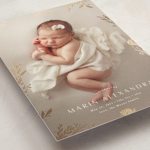 This is a sand birth announcement postcards with foil pressed by Kate Ahn called sparkling florals printing on signature in postcard