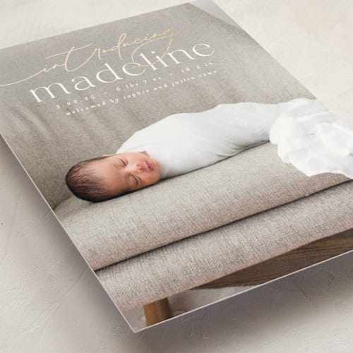 This is a parchment birth announcement postcards with foil pressed by Everett Paper Goods called mist printing on signature in postcard