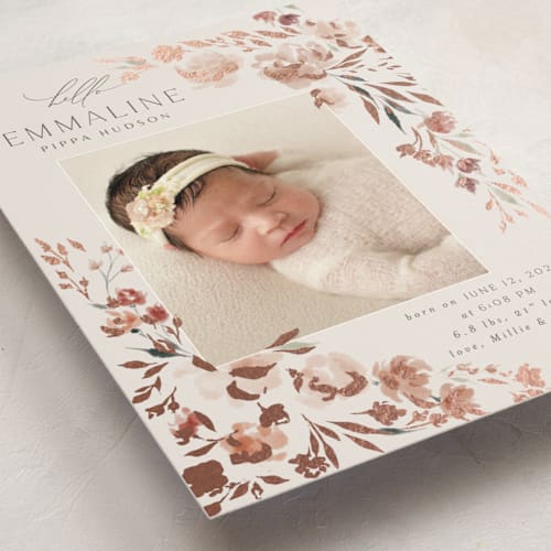 This is a rose birth announcement postcards with foil pressed by Nicoletta Savod called grace printing on signature in postcard