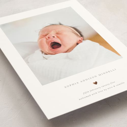 This is a charcoal birth announcement postcards with foil pressed by Blustery August called heart printing on signature in postcard