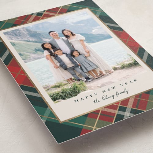 This is a coal christmas postcards with foil pressed by Petra Kern called fancy plaid printing on signature in postcard
