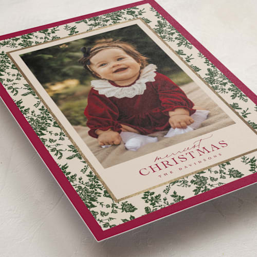 This is a holly berry christmas postcards with foil pressed by Jenna Holcomb called merry floral toile printing on signature in postcard