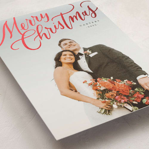 This is a noir christmas postcards with foil pressed by Wildfield Paper Co called modern merry christmas printing on signature in postcard