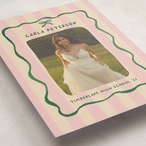 This is a raspberry matcha graduation announcements with standard by Vera Lim called whimsical stripes printing on signature in petite