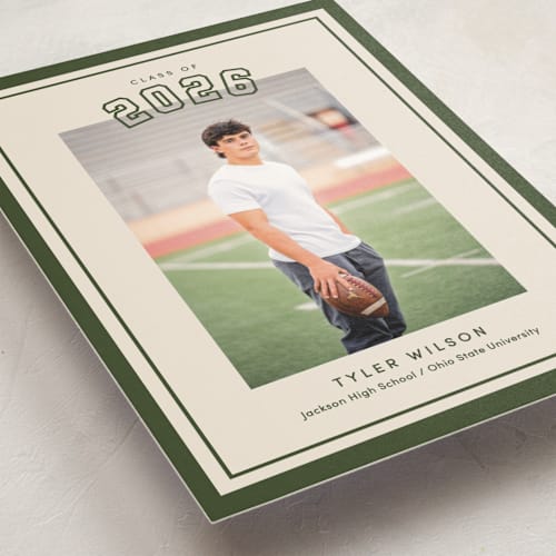 This is a forest graduation announcements with standard by Megan Cash called varsity year printing on signature in petite