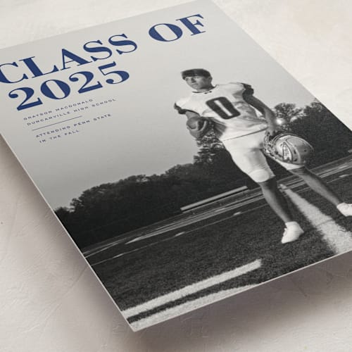 This is a midnight graduation announcements with standard by Emily Sabol Goss called bold headline printing on signature in petite