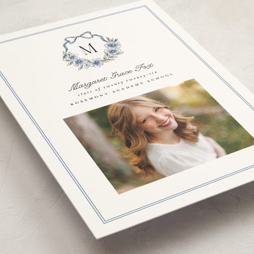 This is a cornflower graduation announcements with standard by Laura Hankins called floral crest printing on signature in petite