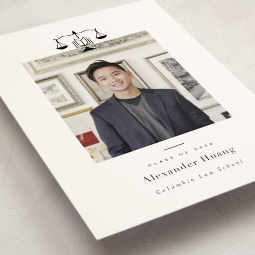 This is a ink graduation announcements with standard by Hudson meet Rose called scales of justice printing on signature in petite