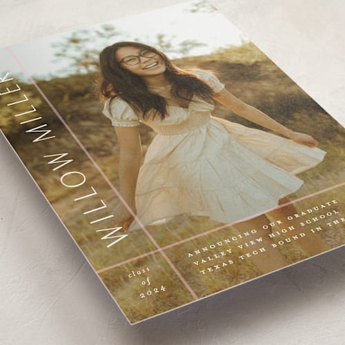 This is a blush graduation announcements with standard by Lauren Chism called grids printing on signature in petite