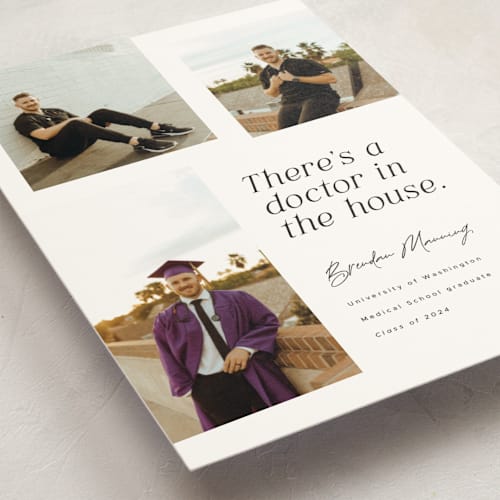 This is a domino graduation announcements with standard by Corinne Malesic called doctor in the house printing on signature in petite