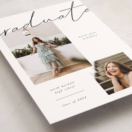 This is a chalkboard graduation announcements with standard by Kelly Watkins called simple + script printing on signature in petite