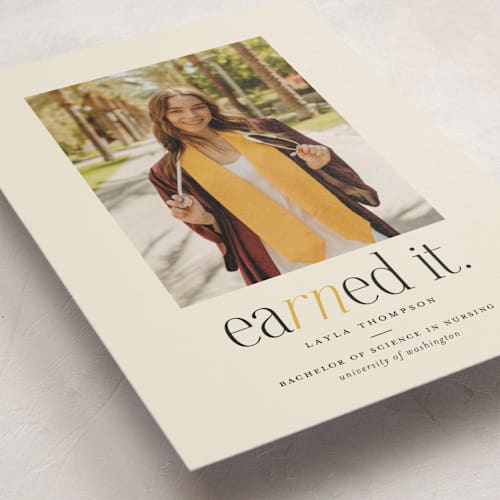 This is a marigold graduation announcements with standard by Louise Kay called earned it printing on signature in petite