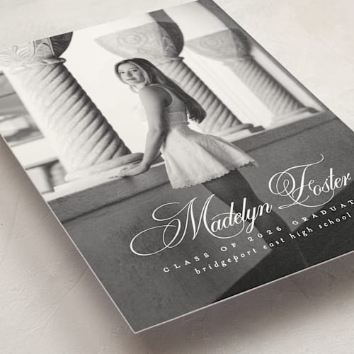 This is a salt graduation announcements with standard by Lea Delaveris called with a flourish printing on signature in petite