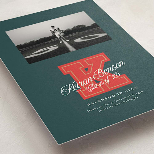 This is a forest graduation announcements with standard by Leia Matt called varsity initial printing on signature in petite