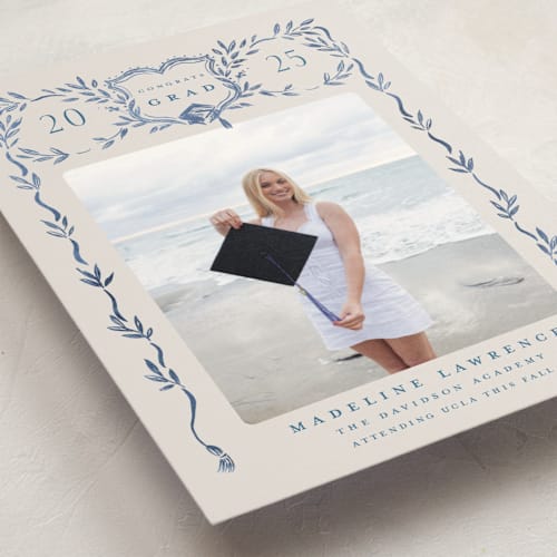 This is a indigo graduation announcements with standard by Petra Kern called grad crest printing on signature in petite