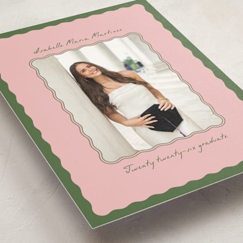 This is a sage graduation announcements with standard by Gabrielle Neil called lady lady printing on signature in postcard