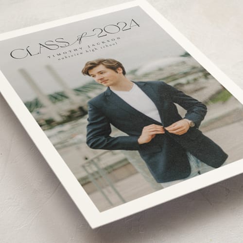 This is a charcoal graduation announcements with standard by Nicole Walsh called class printing on signature in postcard