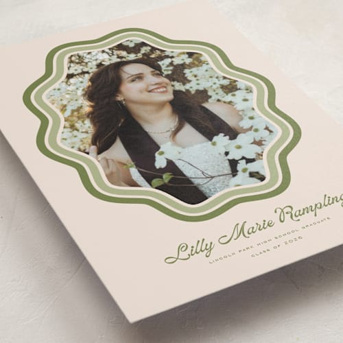 This is a matcha graduation announcements with standard by Melanie Kosuge called scalloped printing on signature in postcard