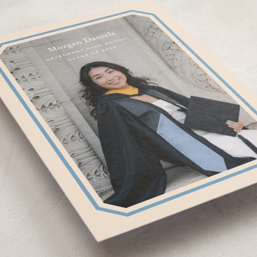 This is a robins egg graduation announcements with standard by Carolyn MacLaren called angled frame printing on signature in postcard