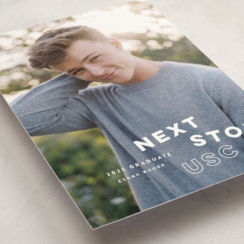 This is a pearl graduation announcements with standard by Sara Hicks Malone called next stop printing on signature in postcard