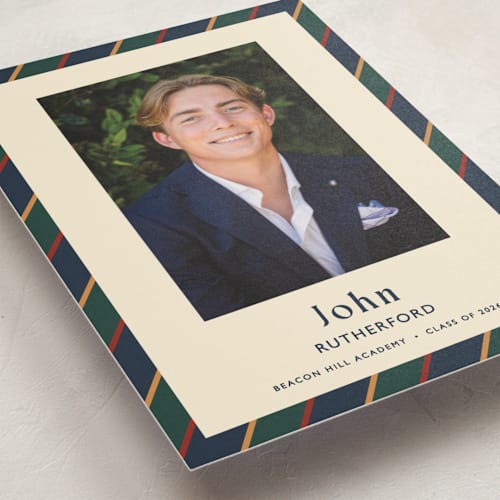 This is a navy graduation announcements with standard by Sarah Rosenthal called belmont printing on signature in postcard