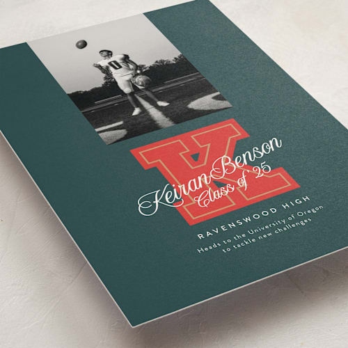This is a forest graduation announcements with standard by Leia Matt called varsity initial printing on signature in postcard