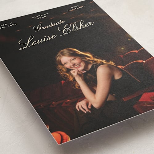 This is a champagne graduation announcements with standard by Pati Cascino called teather printing on signature in postcard