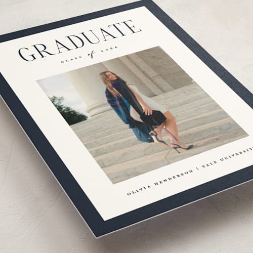 This is a navy graduation announcements with standard by Christy Hy Lee called classic layout printing on signature in postcard