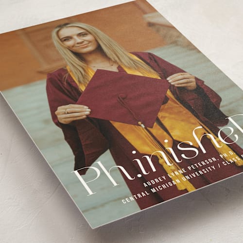 This is a cloud graduation announcements with standard by Heather Schertzer called ph.inished. printing on signature in postcard