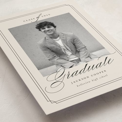 This is a taupe graduation announcements with standard by Ashley Iwafuchi called refined grad printing on signature in postcard