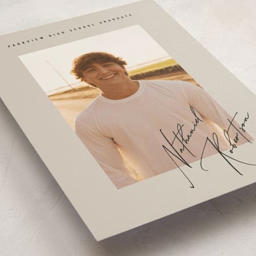This is a sandstone graduation announcements with standard by Stacy Maalouf called grad signature printing on signature in postcard