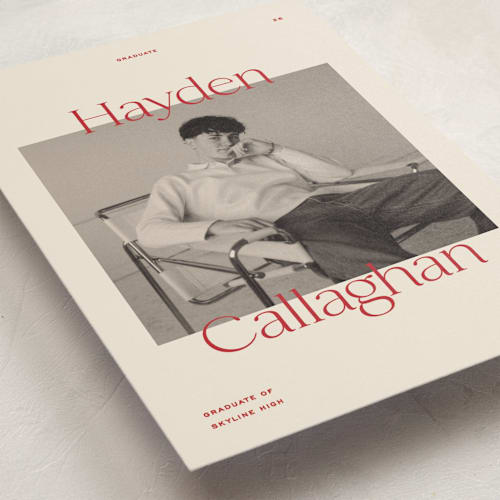 This is a scarlet graduation announcements with standard by Ellen Schlegelmilch called hayden printing on signature in postcard