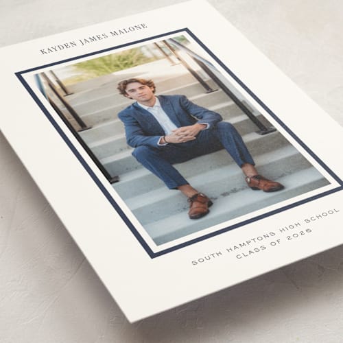 This is a navy graduation announcements with standard by Jennifer Wick called collegiate line printing on signature in postcard