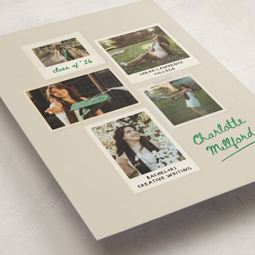 This is a cement graduation announcements with standard by Kamala Nahas called ephemeral printing on signature in postcard