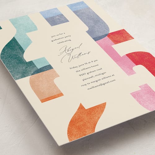 This is a confetti graduation invitations with standard by Pixel and Hank called grad party printing on signature in postcard