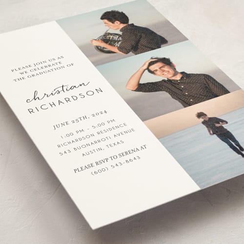 This is a snow graduation invitations with standard by Deynaaz Daraei called patchwork printing on signature in postcard