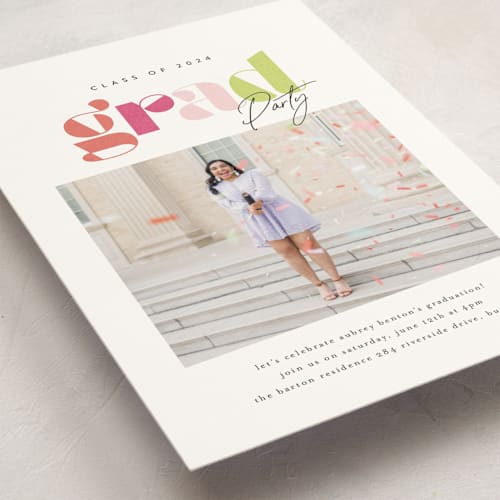 This is a tropical graduation invitations with standard by Itsy Belle Studio called colors printing on signature in postcard